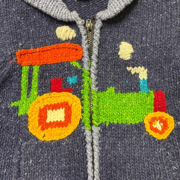 2/$20 Handmade Boys 4 Wool Sweater Full Zip Hooded Train Choo Blue Chunky Knit - Picture 3 of 9